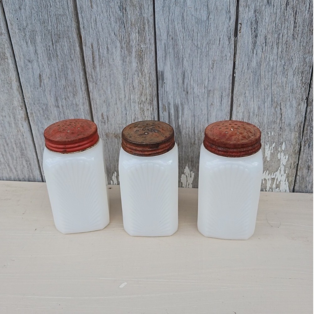 Vintage Milk‎ Glass Spice Shakers Set of 3 White Red Lids Farmhouse